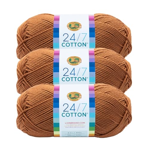 Image of Lion Brand 24 /7 Cotton Yarn, Lightweight Yarn for Knitting, Crocheting, and Crafts, Camel, 3 Pack | Light Worsted 100% Mercerized Cotton Yarn for Crochet, Knitting, Craft, 185 Yards of Natural Fiber for Tees, Bags, Dishcloths