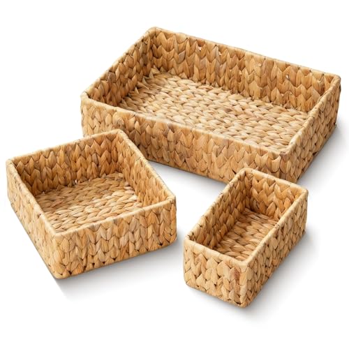 Wicker Storage Baskets Set of 3, Large and Small Wicker Pantry Baskets Set | Handwoven Water Hyacinth Baskets for Organizing, Decorative Natural Woven Baskets 3Pack for Toilet Shelves, Boho Decor