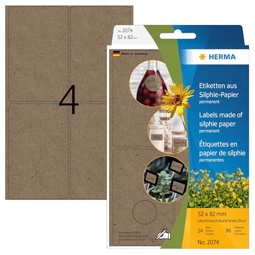 HERMA Labels Made of Grass Paper, 4 Labels per Sheet, 24 Sheets, 52 x 82 mm, 96 Labels, Self Adhesive Large Labels Stickers, Blank Sticky Labels for Office Kitchen Home, Natural Brown