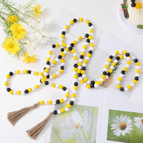 Image of Equsion Wooden Bead Garland with Tassels, Extra Long Fireplace Wood Bead Garlands Rustic Farmhouse Vintage Boho Beads Garland for Party Home Decor Tiered Tray Decorative Beads(Bee Color)