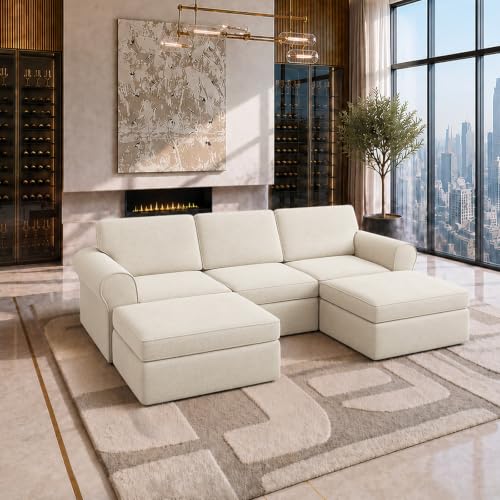 Image of Maywish 108 inch U Shaped Modular Sectional Sofa with Ottoman, Beige | Patented Smart Coil Support, Pet Friendly, Removable Washable Covers, Modular Design, No Assembly Required