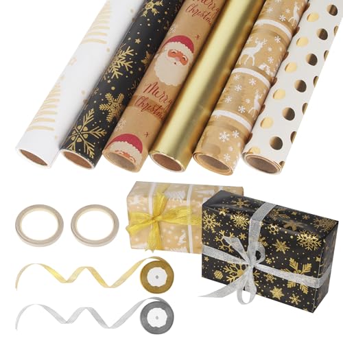Geschenkpapier，6 Rollen (3m x 43cm) Mix aus 6 Motiven | Elegante Papierrolle für Geburtstage, Wrapping Paper für Geburtstag Hochzeit Weihnachten Party