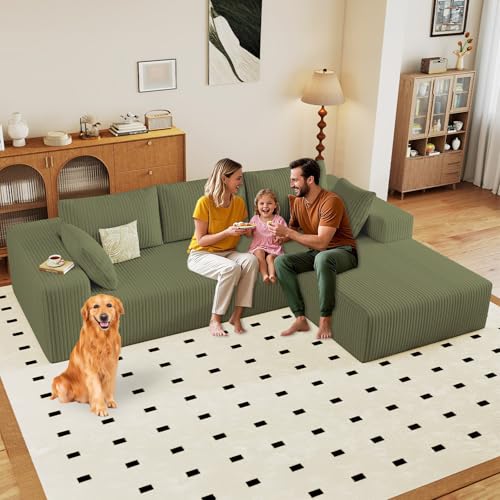 Image of 96 inch Modular Sectional Sofa, Modern Corduroy Cloud Couch with Deep Seat, Boneless Couch Upholstered 3-Seater L-Shaped Sofa for Living Room, No Assembly Required (Green, Right-Facing Chaise)
