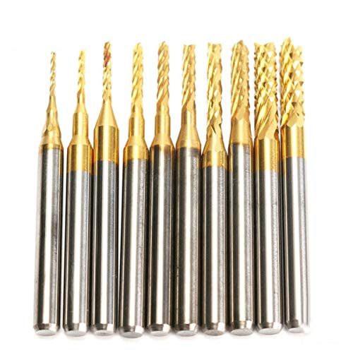 DRILLPRO 10Pcs 0.8-3 mm Titanium Coat Carbide End Mill Engraving Bits CNC Rotary Burrs Set Tool PCB Mould Plastic Fiber Carbon Fiber Hardwood, 1/8'' Shank