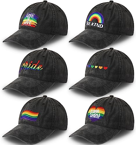Xuhal 6 Pcs Embroidered Pride Rainbow Hat for Men Women LGBT Baseball Hats Adjustable Washable LGBTQ Cap Gifts(Washed Black Rainbow)
