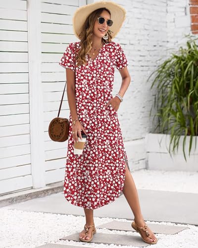 Image of MISFAY Women's Summer Maxi Dress 2026 Casual Short Sleeves V Neck Loose Sundress Split Long Beach T Shirt Dress