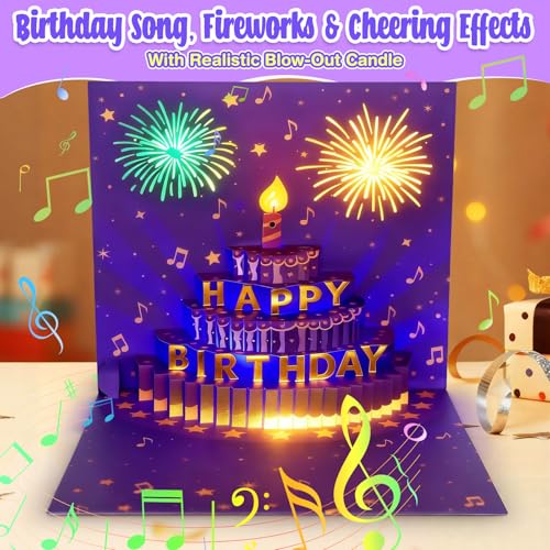 3D Pop Up Musical Birthday Card with Lights & Blow-Out Candle, Singing Happy Birthday Greeting Card, Unique Birthday Cards for Women, Men, Kids, Mum, Dad, Wife, Husband – With Envelope & Adhesive Seal - Image 2
