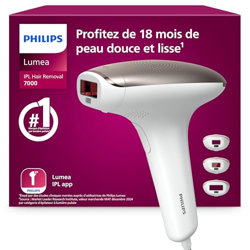 Philips Lumea série 7000, Épilateur à lumière pulsée, alternative à l'épilation laser, 3 embouts pour le corps, le visage et le maillot, modèle...