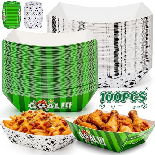 100PCS 2LB Soccer Party Food Trays, No Folding Required, Ready to Use Paper Serving Boats for...