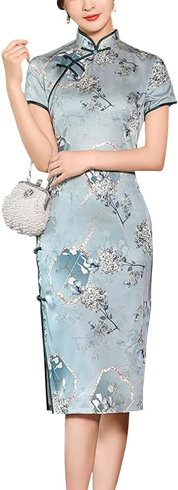 Vintage Floral Print Midi Cheongsam Qipao Dress Mandarin Collar Keyhole Short Sleeve Chinese Style Party Dress