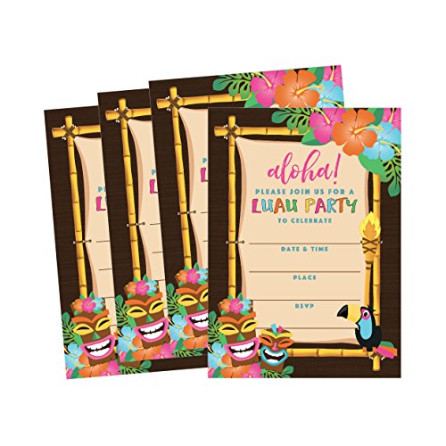 50 Tiki Hawaiian Luau Summer Swim Pool Party Invitations for Children, Kids, Teens & Adults, Flower Summertime Birthday Cookout Invitation Cards, Boys & Girls Floral Family Reunion BBQ Fill In Invites