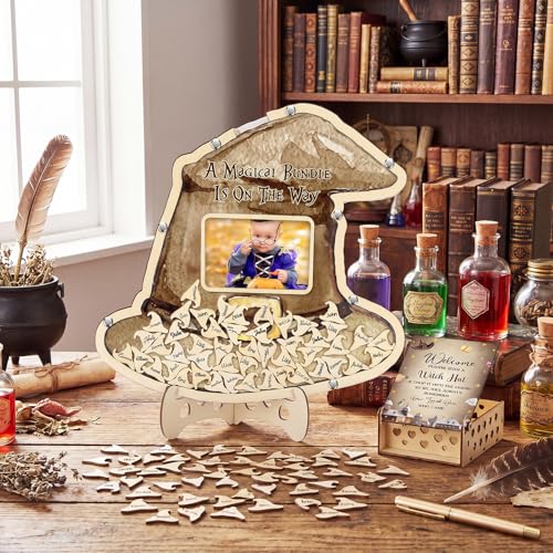 Image of Wenqik 63 Pcs Magical Wizard Baby Shower Guest Book Alternatives Set Baby Shower Decorations with Photo Frame Sonogram Frame Keepsake 60 Wood Slices Guest Book for Birthday