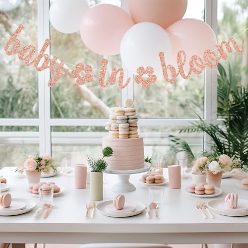 Image of Baby in Bloom Banner, Floral Theme Baby Shower Decorations, Spring Baby Shower Gender Reveal Pregnancy Announcement Party Decorations, Rose Gold Glitter