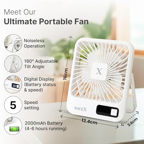 Image of FUMATO Digital Portable Mini Fan | Rechargeable USB Fan with 5 Speeds | Compact for Office, Home & Travel | 4-6 Hours Runtime, 2000mAh Battery |180 Tilt | 1-Year Warranty