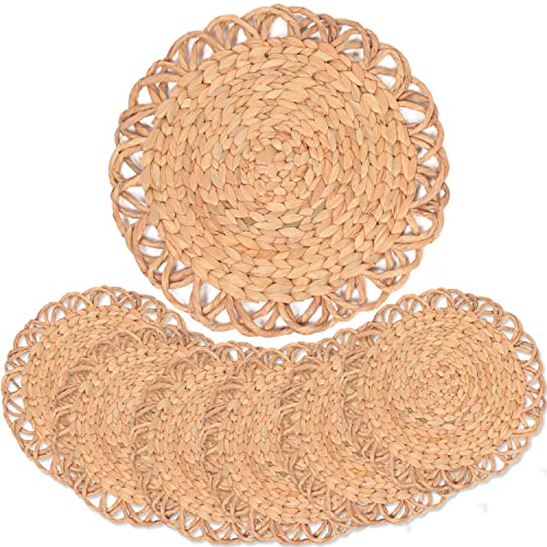 Image of Round Woven Placemats Set of 6, Water Hyacinth Rattan Placemats for Round Table, Plate Chargers for Dinner Plates, Individuales para Mesa De Comedor, Thanksgiving Christmas Charger Plates 13.4 in
