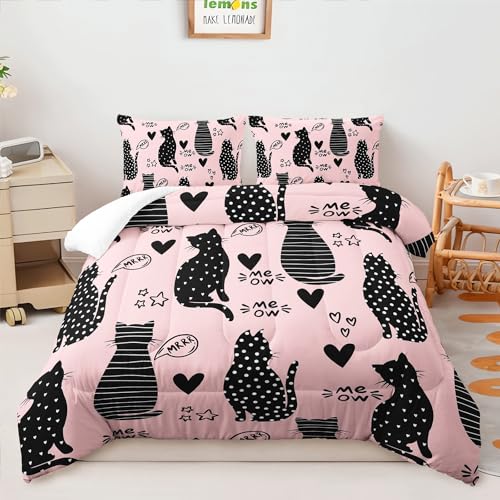 AILONEN Black Cat Comforter Set Twin Size,Pink and Black Soft Microfiber Kitted Bedding Set,3-Piece Cat Lover Bedroom Comforter with 2 Pillowcases