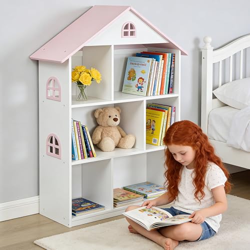 Image of Wooden Dollhouse Bookshelf, 3 Tier Bookcase for Kids, Pink and White, Toy Storage Organizer for Children Bedroom and Playroom, 32.7 x 11.8 x 41.7 Inches