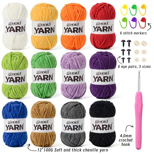 Image of 12 Pack Velvet Yarn for Knitting, Chunky Chenille Yarn for Crocheting, Baby Yarn for Crocheting Soft Blanket, Super Bulky 42.3oz(1049yds), Multicolor Amigurumi Yarns Set C