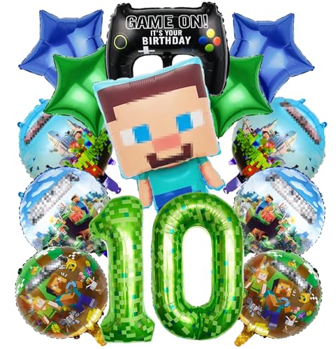 Jogo de decoração de aniversário número 10 - pacote de 13 balões de pixeis para crianças, Minecraft Gamer - Bolsa de aniversário para jogadores de minecraft e balões e decoração para festas