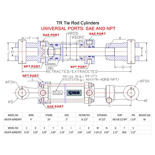 Image of TR Tie Rod Cylinder 4 inch Bore x 16 inch Stroke x 2 inch Rod x 2500 PSI, ASAE - Port: SAE 8 and 1 /2 NPT