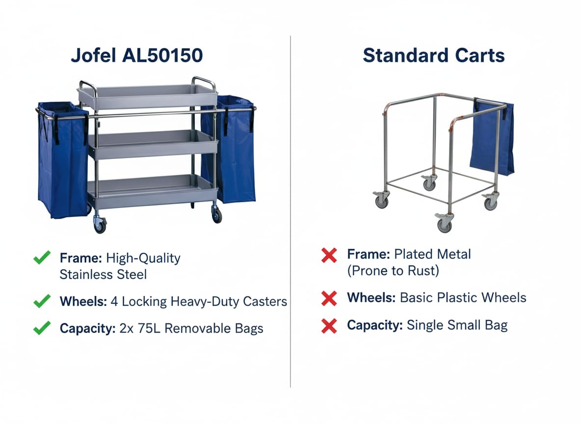 Jofel - AL50150, Carro Camarera Metálico, 3 Bandejas Grandes Y 2 Bolsas Laterales, Totalmente Desmontable, Para Horeca, Hoteles, Geriátricos, Residencias, Hospitales, Clínicas