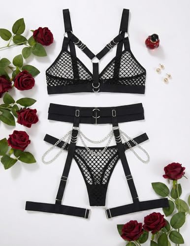 Image of Alrovetoney Sexy Lingerie Set For Women With Garter Belt 5 Pieces Strappy Bra and Panty Set Adjustable With Chain