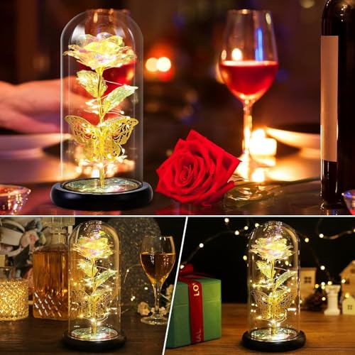 Image of LED Rose Flower in Glass Dome with Butterfly, Romantic Night Light Decorative Lamp, Valentine Gift for Her Mom Wife, Anniversary Birthday Gift, Home Decor Table Light