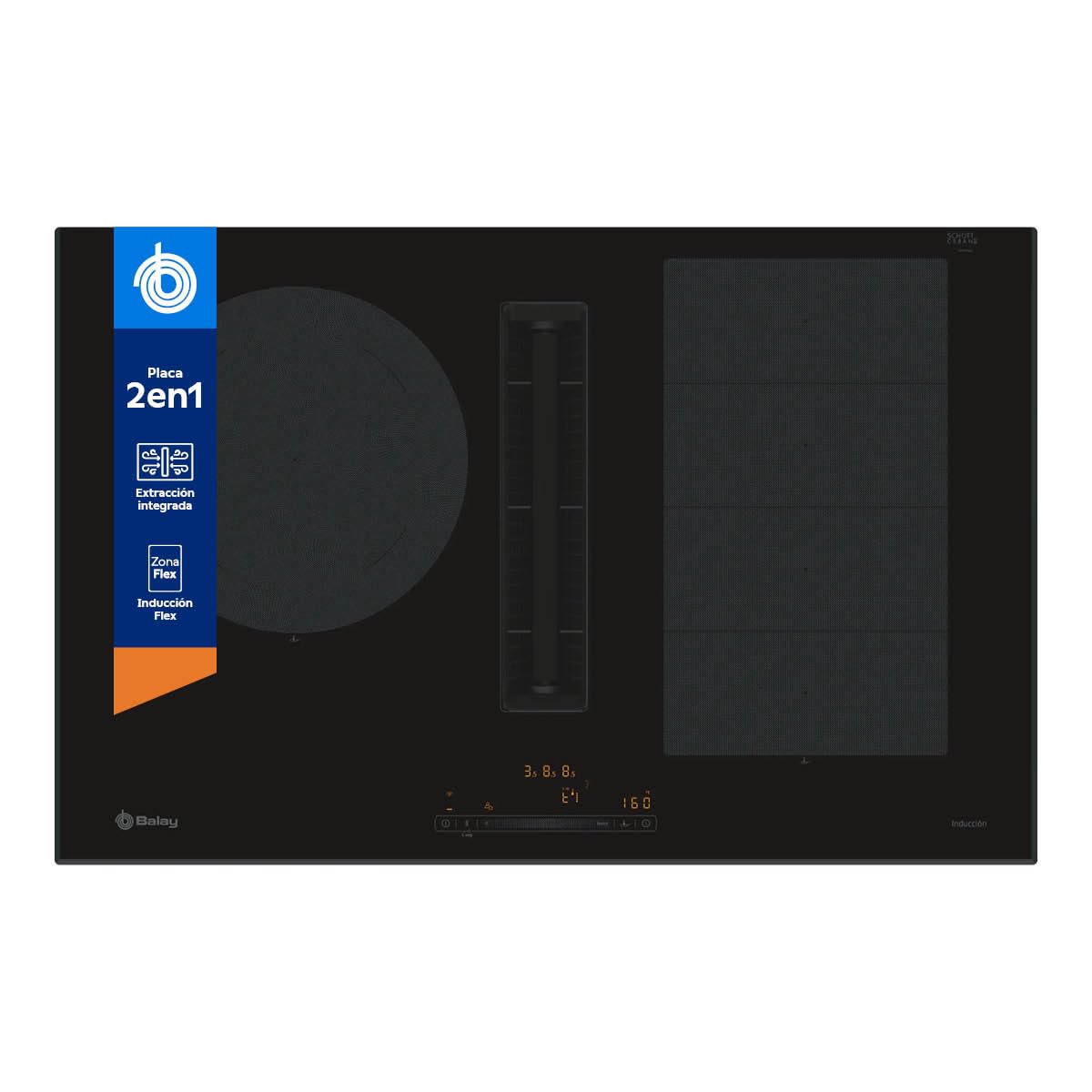 Balay, Placa de Inducción con Extractor Integrado, 80 cm, negro, 3EBC989LH | 2 Zonas, Flex Inducción, 11 niveles, Zona de 28 cm, Posibilidad de recirculación.