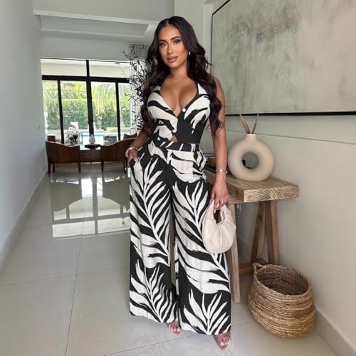 Wuitrie Women 2 Piece Outfits Deep V Neck Button Halter Tops Wide Leg High Waisted Pants Tropical Print Vacation Matching Set2