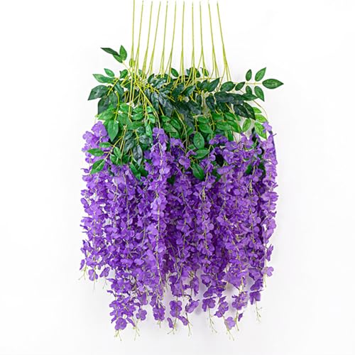 NatureMan Glyzinien-Hängeblumen, künstliche Glyzinien-Ranke, Ratta-Girlande, Seidenblumen für Hochzeit, Party, Garten, Outdoor-Wanddekoration, Violett, 12 Stück