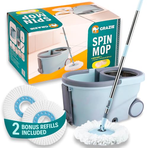 Grazie Trapeador giratorio y cubo con escurridor, mango de acero inoxidable, sistema de autoescurrido, ruedas integradas, fácil limpieza de suelos para madera dura, azulejos y laminado, incluye