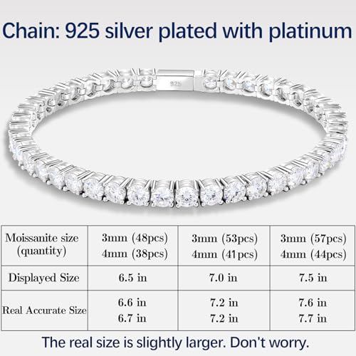 6.5''-7.0''-7.5'' Length Moissanite Tennis Bracelet for Women Men with Clasp - 925 Silver Plated with White Gold Chain2