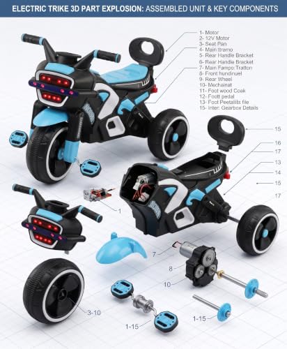 Image of SRECAP Kids Pedal Tricycle with Push Handle | Toddler Trike with Headlight, Music, EVA Wheels & Curved Seat with Backrest | 15 Months-3 Years (Blue)