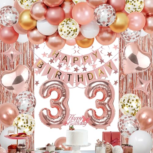 NANINUNENO 33rd Rose Gold Birthday Party Decorations for Women, Rose Gold Happy Birthday Banner, Fringe Curtains, Heart Foil Balloons, Confetti Balloons, Cake Topper for 33rd Birthday Decorations