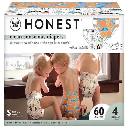 Image of The Honest Company Clean Conscious Diapers | Plant-Based, Sustainable | Space Travel + Orange You Cute | Club Box, Size 4 (22-37 lbs), 60 Count