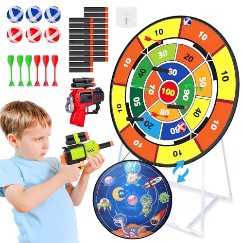 Dartscheibe Wurfspiel für Kinder ab 3, 29' Doppelseitige Klett Dartspiel Montessori Spielzeug mit 2 Blaster Gun, Indoor Outdoor Wurfspiel Gartenspielzeug Geburtstagsgeschenke für Jungen Mädchen