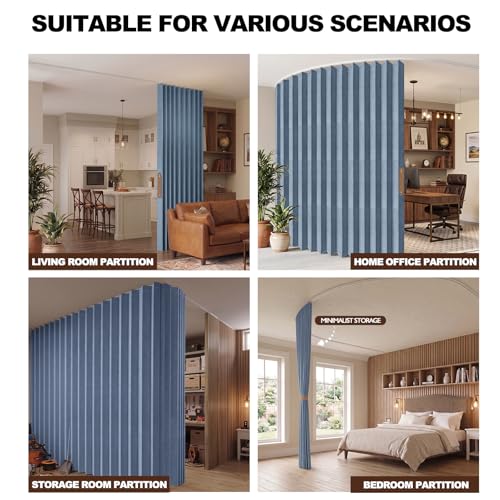 Image of JILRON Accordion Partition Curtain with Ceiling Track - Space-Saving Room Divider, Tool-Free Installation(Blue 180 inch W x 84 inch L-Pack of 1)