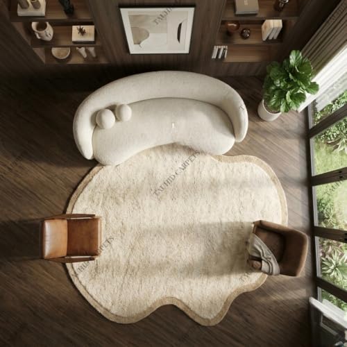 Image of Tauhid Carpet Modern Irregular Shape Shaggy Rug | Super Soft Microfiber Area Carpet for Living Room, Bedroom Designer Cloud Shape Ivory with Beige Border 6 x 8 Feet.