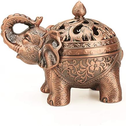 K COOL Alloy Incense Holder Stand Elephant Cone Coil Incense Burner Ash Catcher with Lid, Aromatherapy Ornament Home Decoration for Indoor Outdoor (Red Copper)