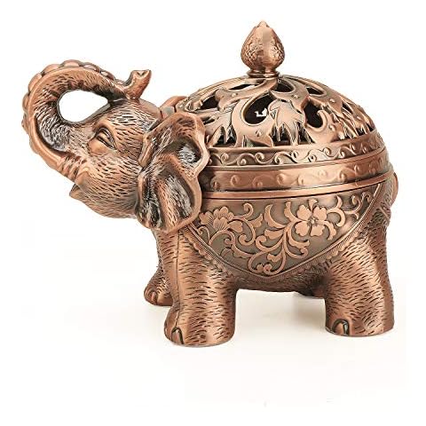 Alloy Incense Holder Stand Elephant Cone Coil Incense Burner Ash Catcher with Lid, Aromatherapy Ornament Home Decoration for Indoor Outdoor Office (Red Copper) Cover