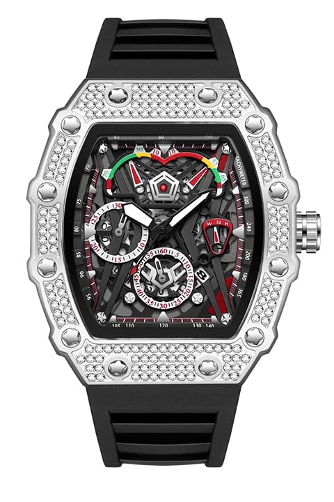 Mens Bling Punk Diamond Chronograph Watches Fashion Style Silicone Band Sports Wrist Watch