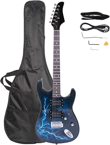 Kcelarec Guitarra eléctrica de tamaño matrimonial de 6 cuerdas con correa, bolsa de guitarra, cable de alimentación, púas (negro)