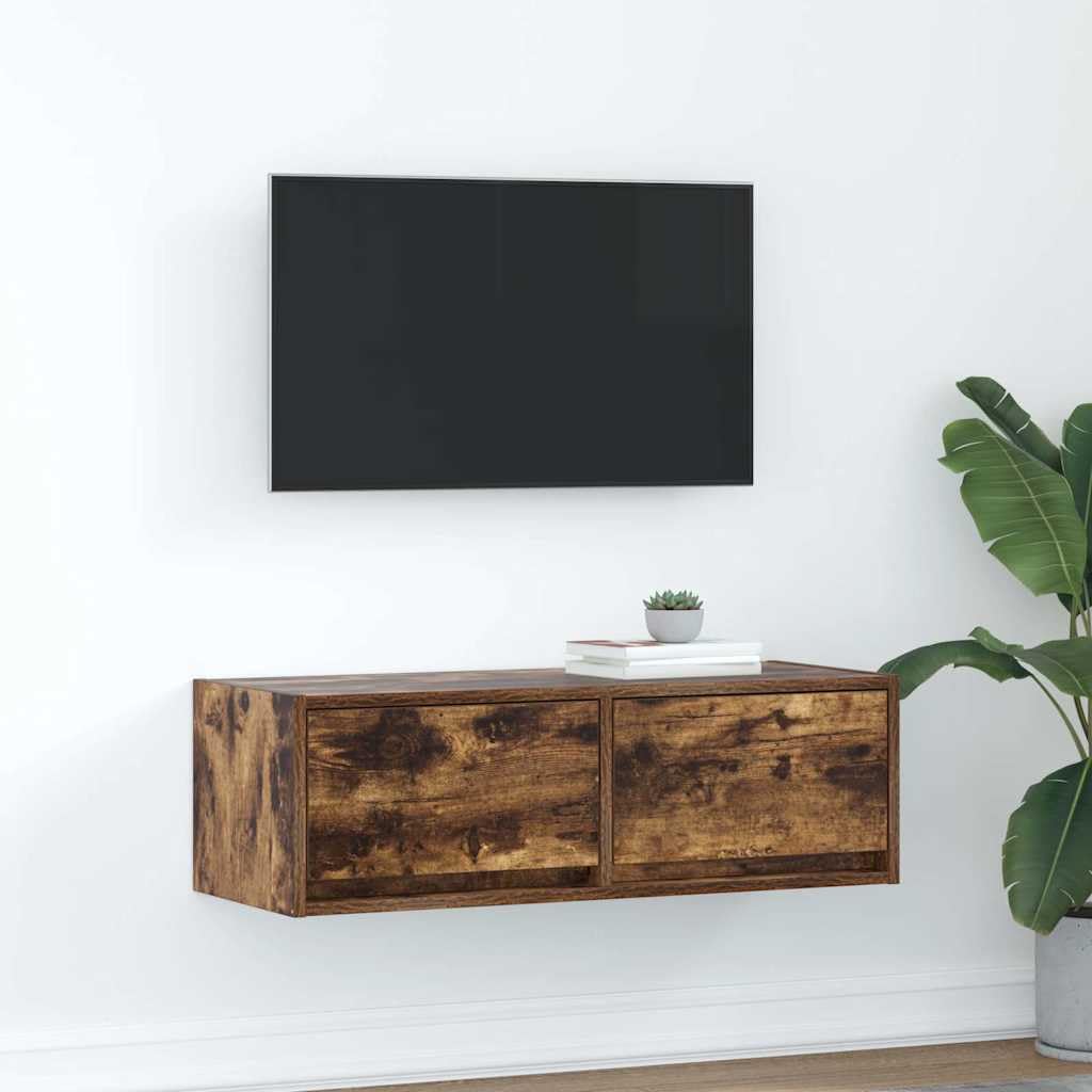 Szafka pod telewizor dąb wędzony z materiału drewnopochodnego 80 x 31 x 25,5 cm, 2 szuflady, montaż na ścianie, miejsce do przechowywania do salonu, sypialni, kina domowego z półką