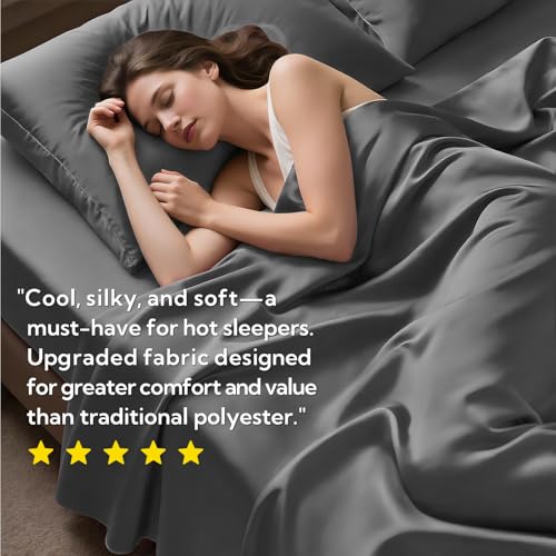 MR&HM King Size Sheets Set, 4-Piece Cooling Sheets, Rayon Derived from Bamboo & Polyester Blend, Soft & Silky, 15" Deep Pockets with Elastic Straps, Hotel Luxury for Hot Sleepers, Grey