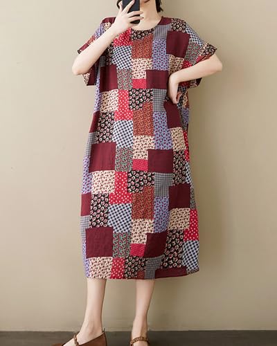 Image of LUZU JUNU Women's Summer Baggy Plus Size Loose Cotton Linen Long Boho Beach Dress with Pockets