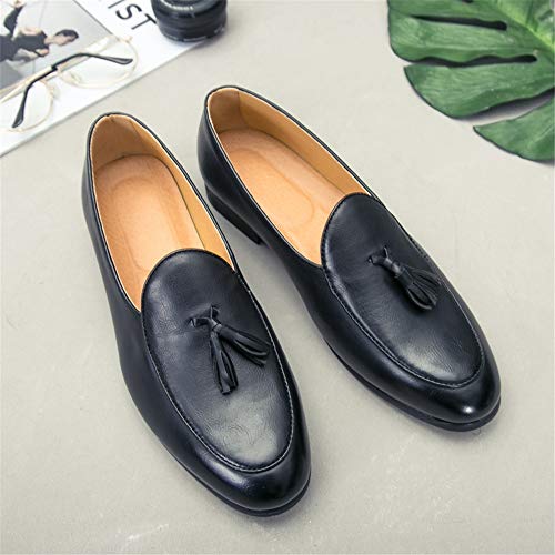 Loafer for Men Round Moc Toe Tassel Plain Low Block Heel Stitching Synthetic Leather Rubber Sole(Black,10 M US)4