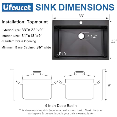Image of 33x22 Drop In Kitchen Sink, Gunmetal Black 16 Gauge Stainless Steel Topmount Single Bowl, Modern Handmade 9 Inch Deep Kitchen Laundry Utility Sink