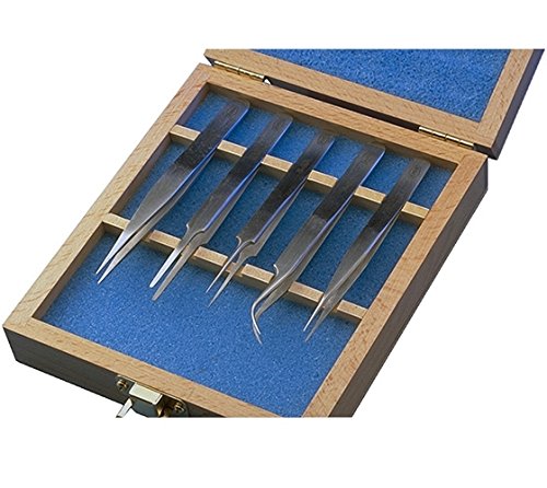 Aven 18476USA, Technik Series Precision 5-Piece Tweezers Set in Wooden Case, 8 Sets