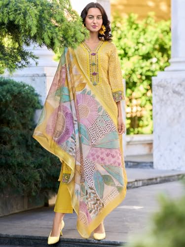 Image of INDO ERA Women's Straight Linen Floral Embroidered Kurta Pant with Dupatta Set (IEOUT9905)