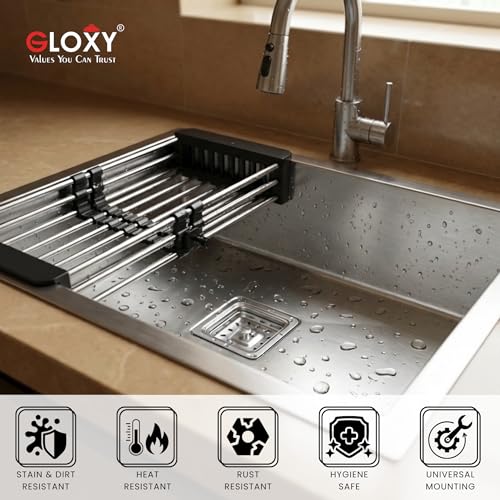 Image of Gloxy 304 Grade Stainless Steel Premium Kitchen Sink 24x18x9 Inches With Matte Finish - Handmade Kitchen SInk - Heavy Duty Sink with Coupling Pipe and Drain Basket - 3 Years Warranty